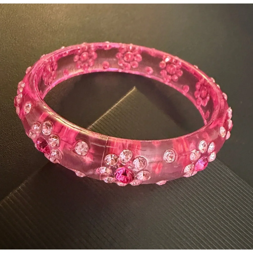 Vintage Bangle Bracelet Lucite Rhinestone Pink